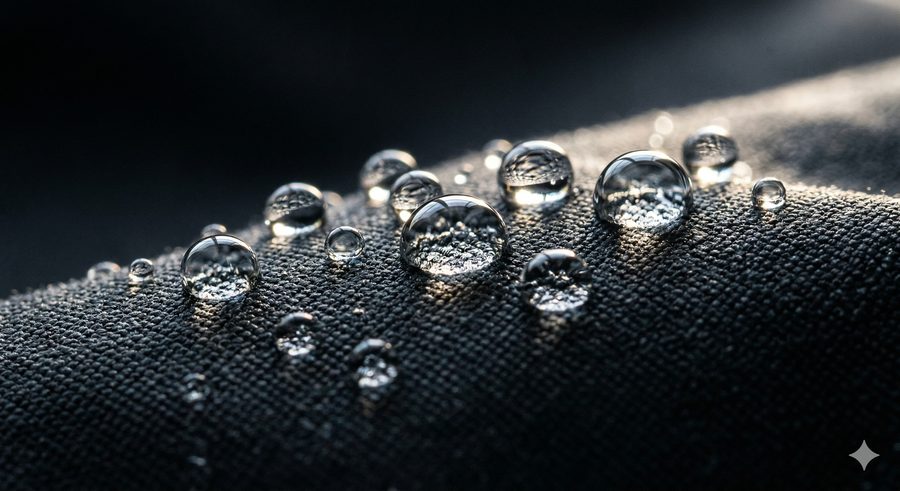 AquaShield™ 撥水技術 — 水珠滾落深色機能布料