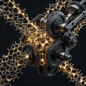 緯鼎共研核心 — 分子結構與精密齒輪融合象徵共研能力
