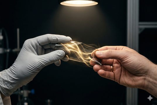 深度共研 — 研究員與客戶雙手共持材料樣本象徵共研夥伴